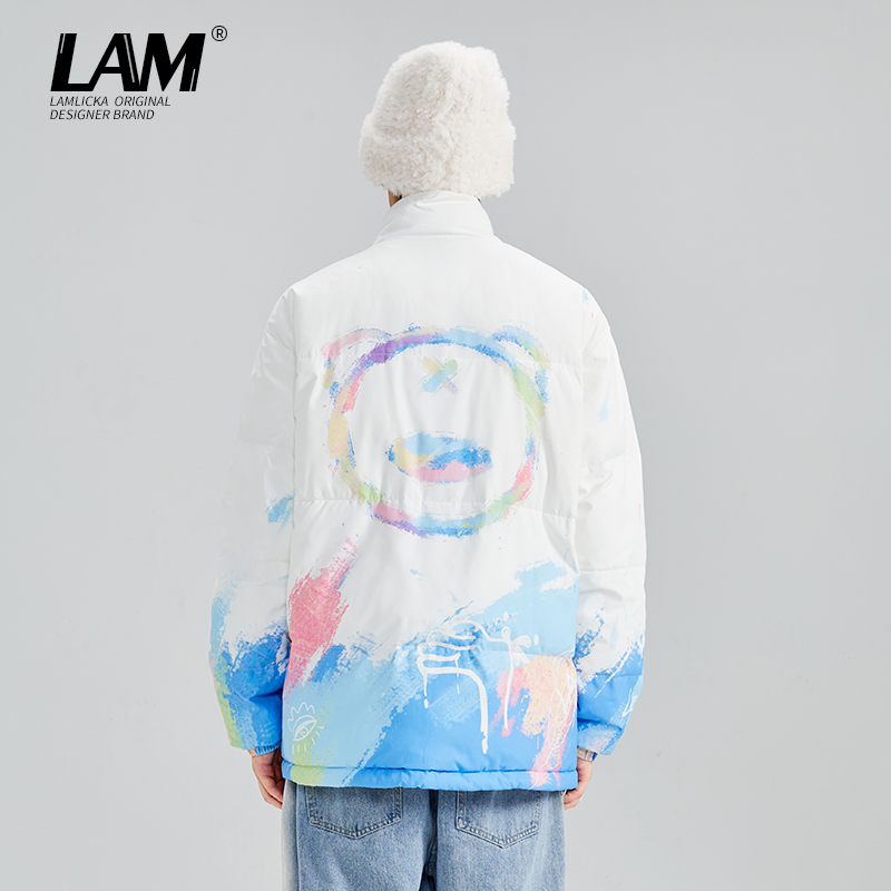LAMLICKA潮牌渐变色冬款白色棉衣夹克男设计感小众轻薄面包服外套