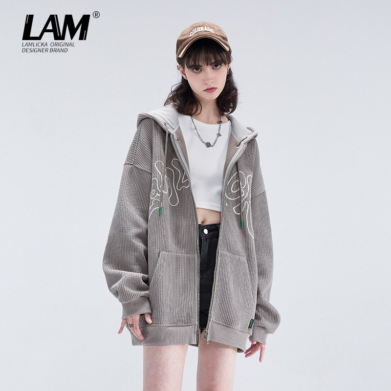 LAMLICKA复合绒简约刺绣字母拉链外套男秋冬新款oversize开衫卫衣