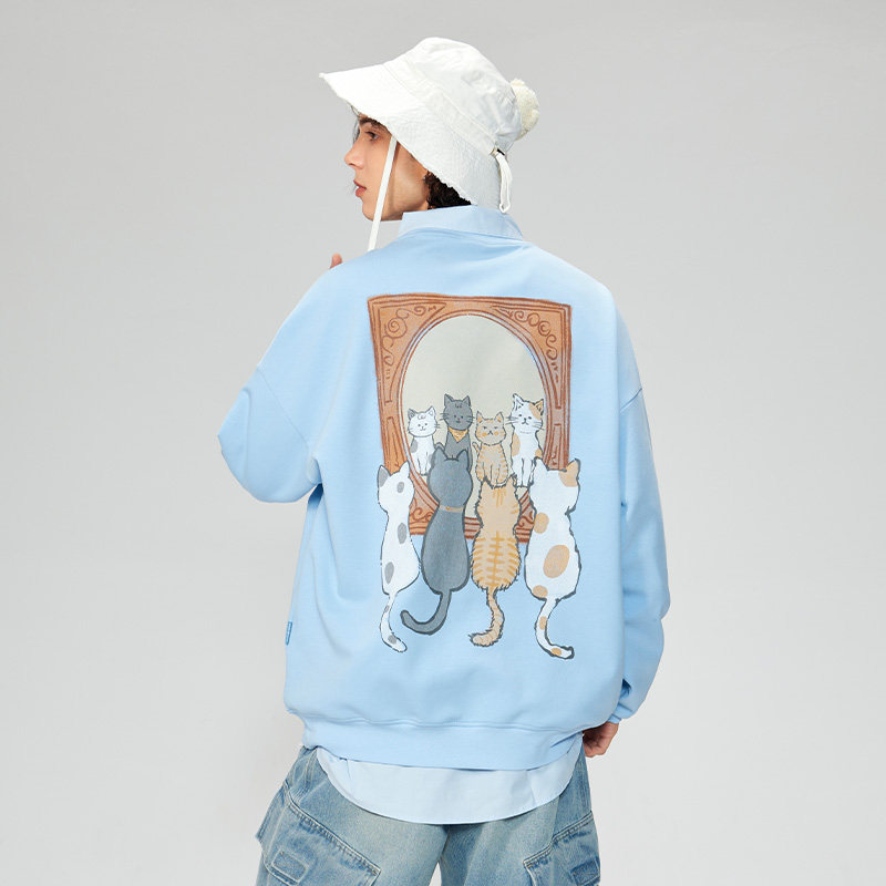 LAMLICKA镜子小猫圆领卫衣男宽松套头外套休闲长袖上衣百搭打底衫