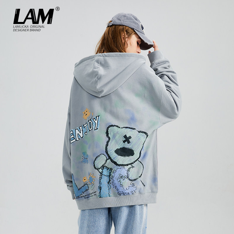 LAMLICKA涂鸦熊猫印花开衫连帽卫衣男秋季新款学生情侣宽松外套女