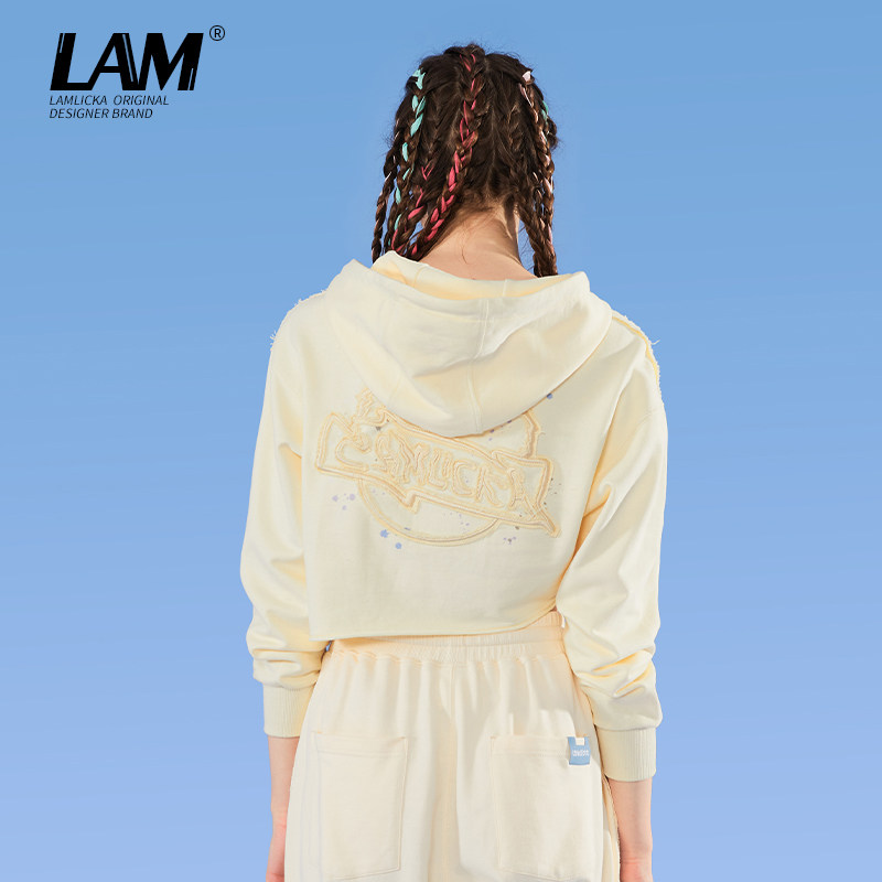 LAMLICKA刺绣字母短款连帽卫衣女潮休闲运动设计感不规格拉链外套