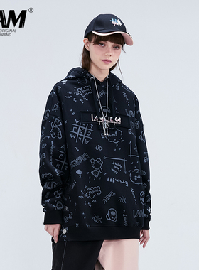 LAMLICKA LAM潮牌满印套头连帽衫男秋季新款嘻哈oversize休闲卫衣