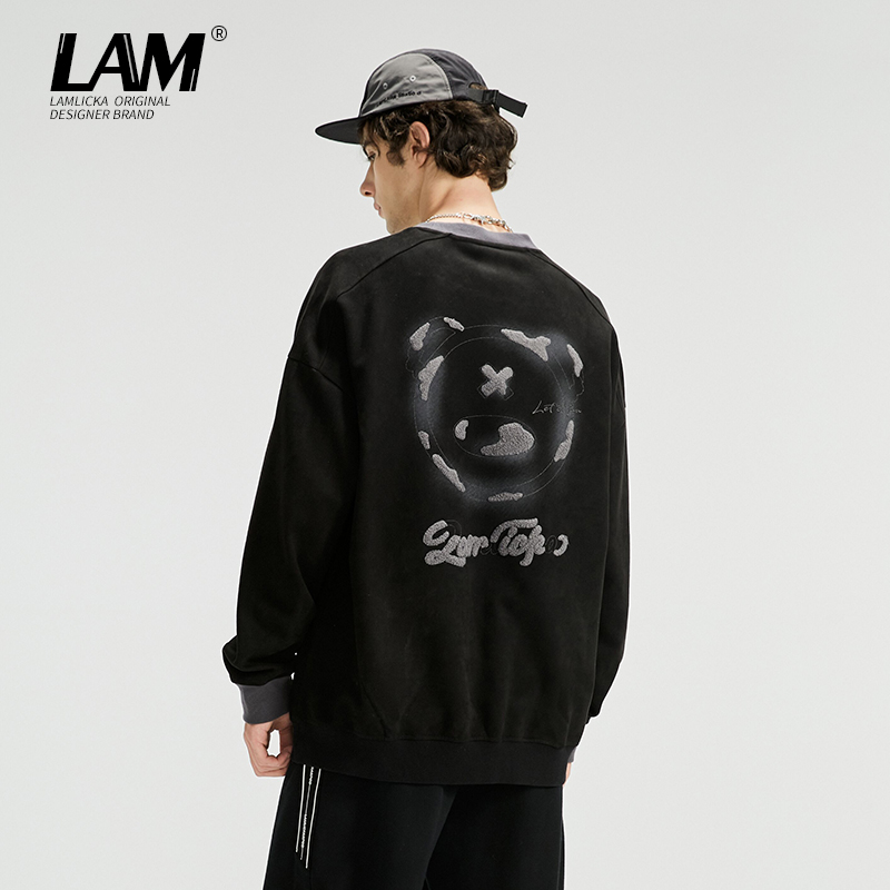 LAMLICKA麂皮绒熊猫圆领卫衣