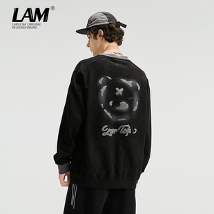 LAMLICKA国潮麂皮绒熊猫印花圆领卫衣男oversize休闲情侣装 上衣女