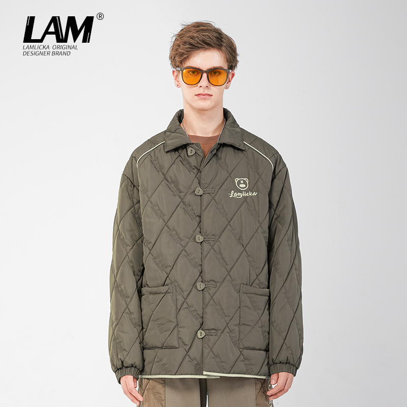 LAMLICKA潮牌刺绣麻将翻领薄棉服男国潮冬季保暖休闲菱格外套情侣