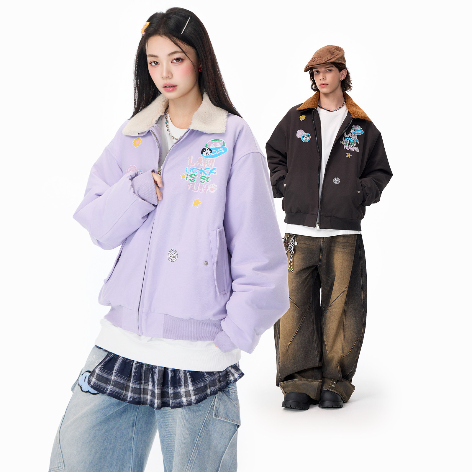 LAMLICKA字母印花可拆卸毛领外套宽松慵懒风潮牌拉链开衫oversize