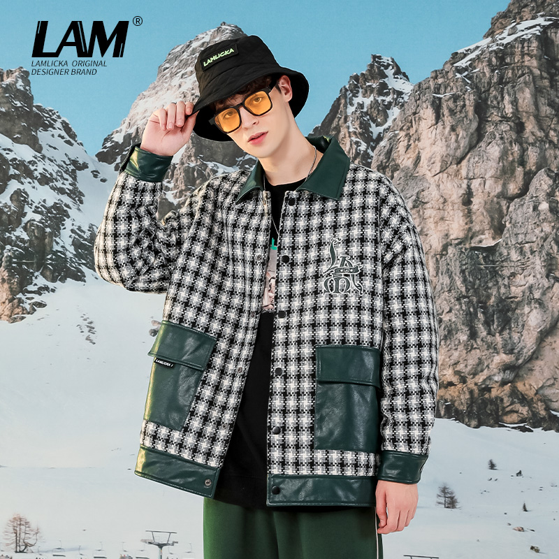 LAMLICKA新款千鸟格宽松冬季棉服男潮牌潮流拼接PU复古风翻领外套