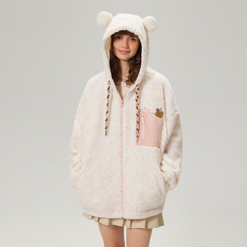 LAMLICKA羊羔绒小熊外套春秋季新款宽松oversize百搭连帽开衫棉衣