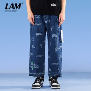 宽松情侣长裤 LAMLICKA满印字母直筒破洞牛仔裤 男高街潮猫须阔腿裤