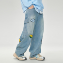 子vibe风美式 宽松弯刀裤 高街 LAMLICKA小狗刺绣浅色牛仔裤 周深同款