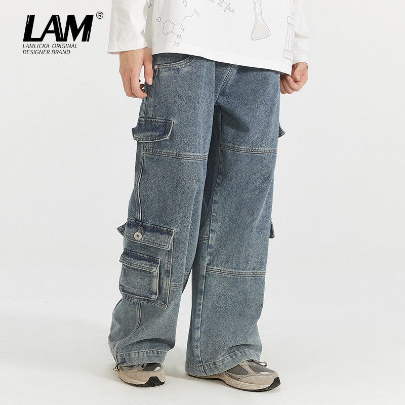 LAMLICKA潮牌复古洗水蓝色牛仔裤