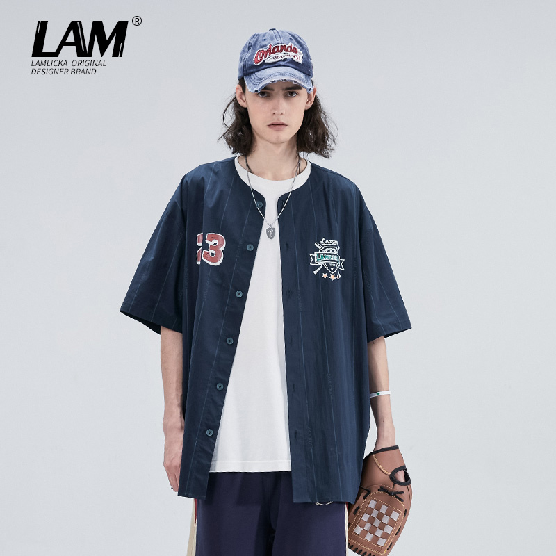 LAMLICKA潮牌条纹薄款棒球衬衫男夏季小众设计感宽松无领短袖上衣