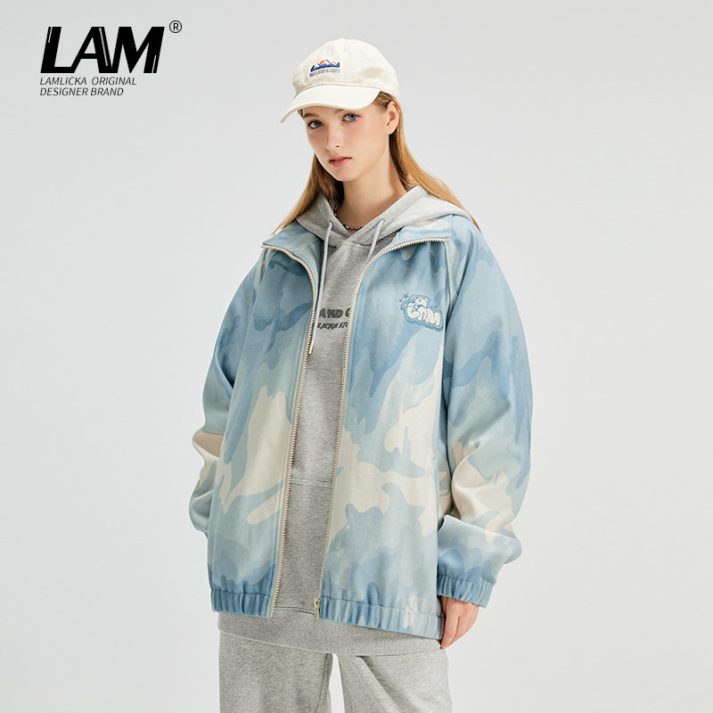 LAMLICKA潮牌渐变色字母刺绣夹克外套男秋冬新款休闲毛呢棉衣宽松