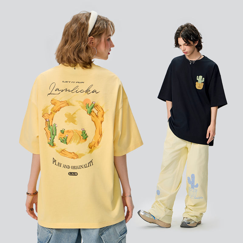 LAMLICKA荒漠仙人掌圆领黑色短袖