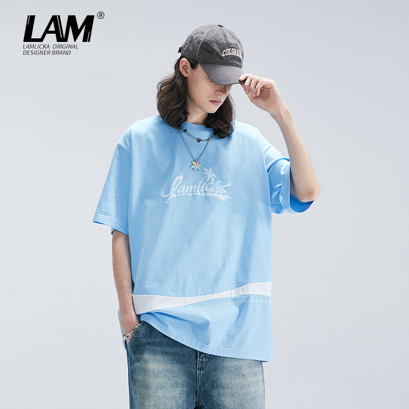 LAMLICKA潮牌蓝色五分袖t恤男女