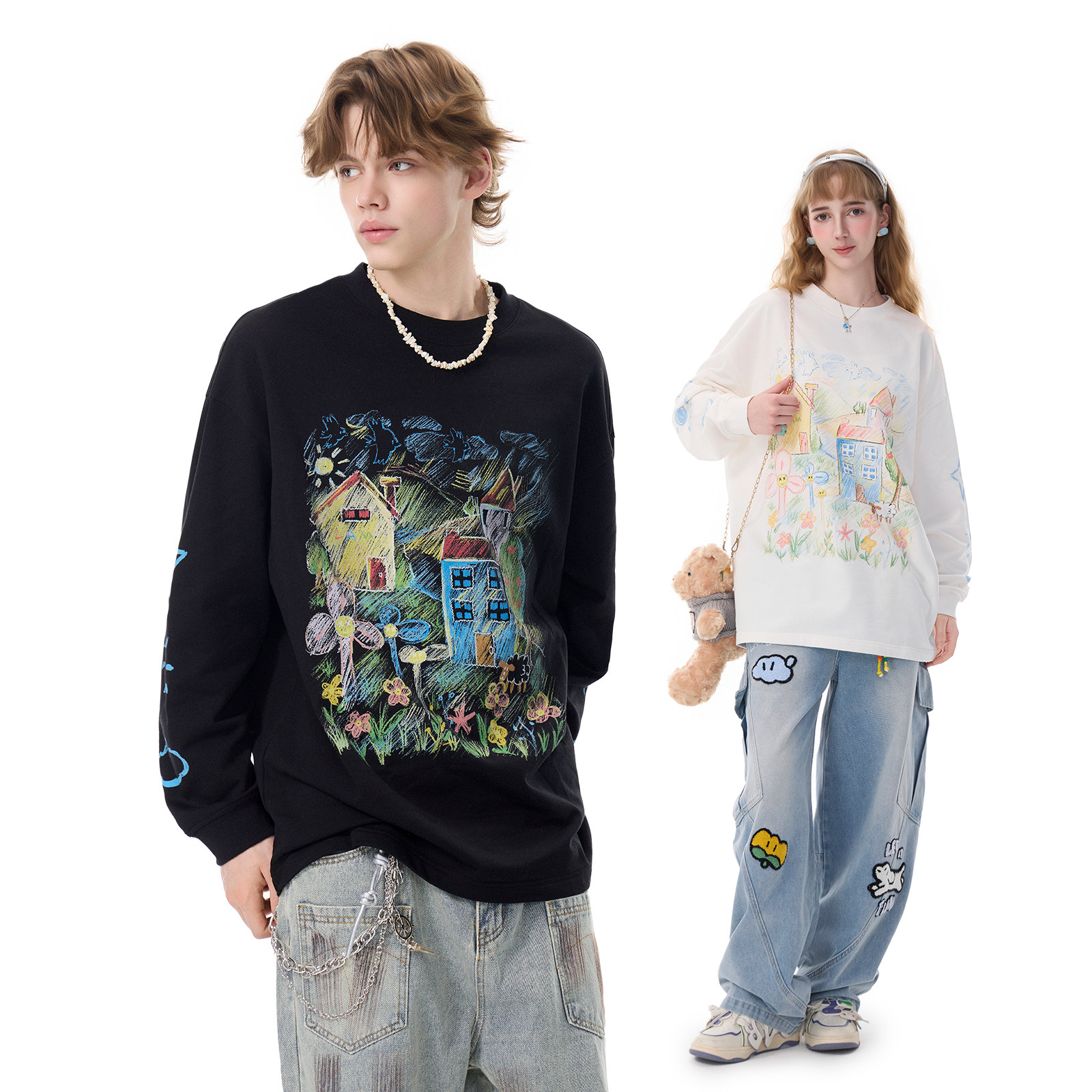 LAMLICKA田园蜡笔画印花黑色卫衣宽松慵懒风休闲百搭圆领上衣外套