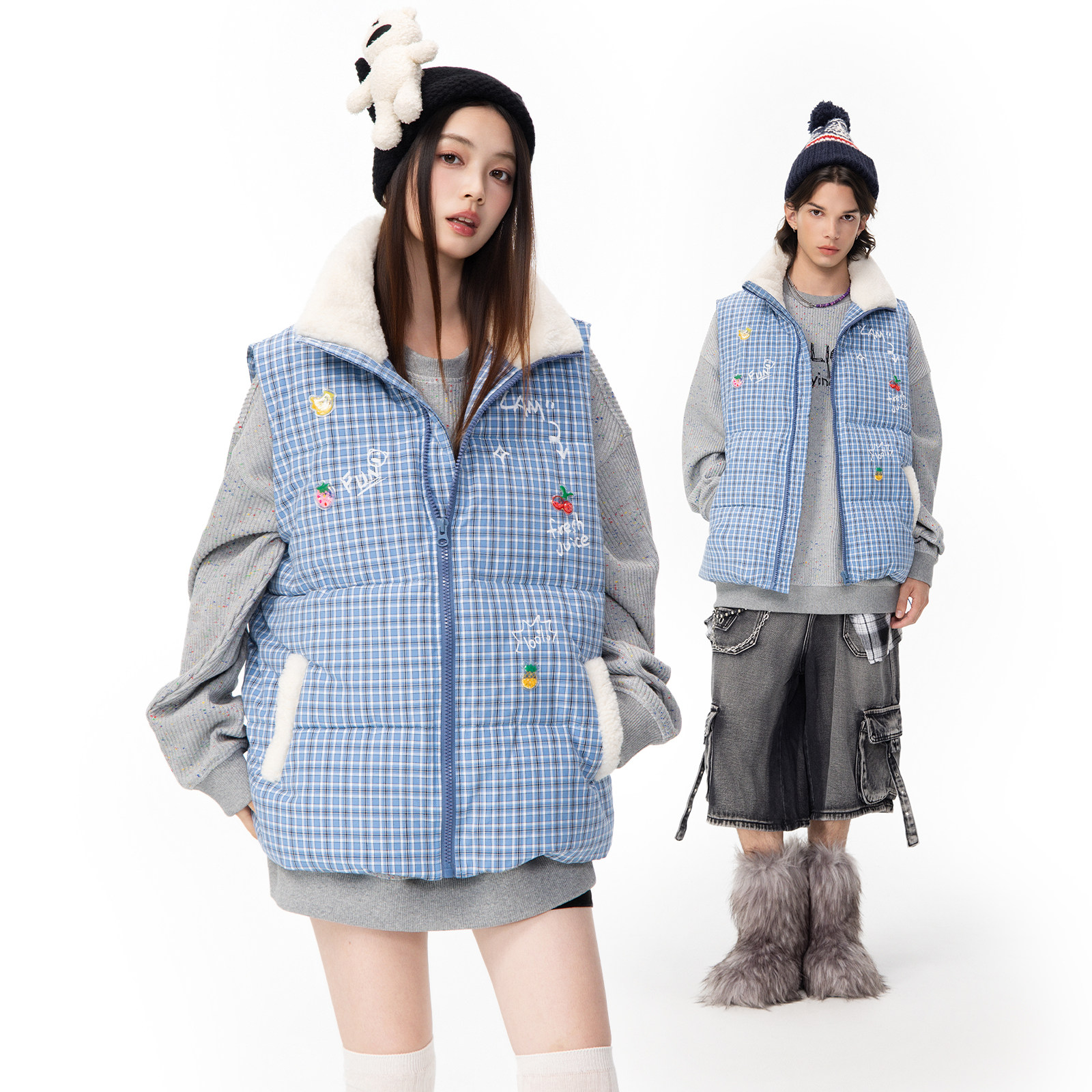 LAMLICKA字母印花蓝色棉马甲男款痞帅风毛边领修身坎肩保暖背心,男装,常规马甲,淘宝优惠券,粉丝福利购,淘宝优惠卷