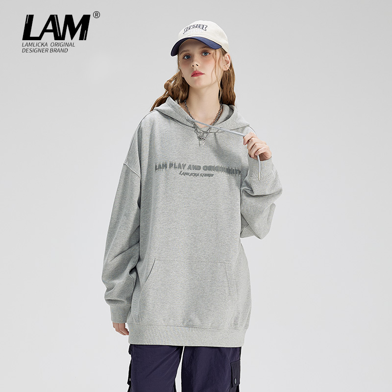LAMLICKA美式灰色连帽卫衣男