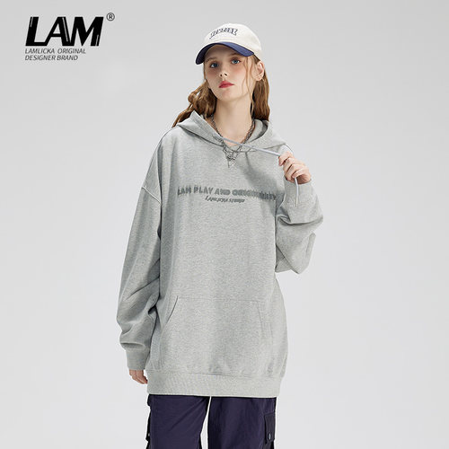 LAMLICKA美式灰色连帽卫衣男
