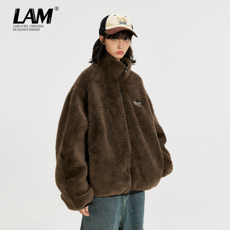 LAMLICKA美式复古立领羊羔绒棉服外套男宽松慵懒风保暖双面穿外套