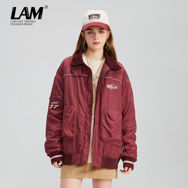LAMLICKA美式酒红色轻薄棉服男2023冬季新款保暖大码宽松棉衣外套
