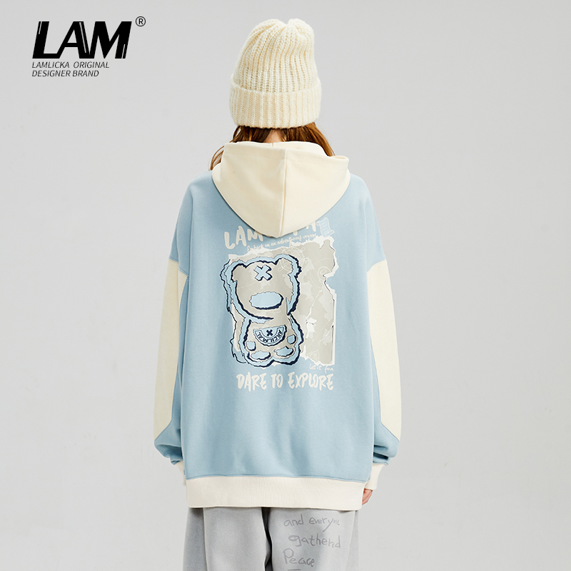 LAMLICKA卡通熊猫磨毛连帽卫衣男潮牌青少年休闲百搭情侣帽衫外套