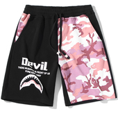 LAMLICKA迷彩拼接鲨鱼字母印花五分裤 男潮牌宽松抽绳休闲抽绳短裤