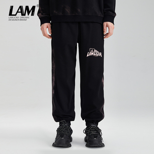 百搭束脚长裤 新款 宽松 男潮流23秋季 LAMLICKA扎染印花黑色休闲卫裤