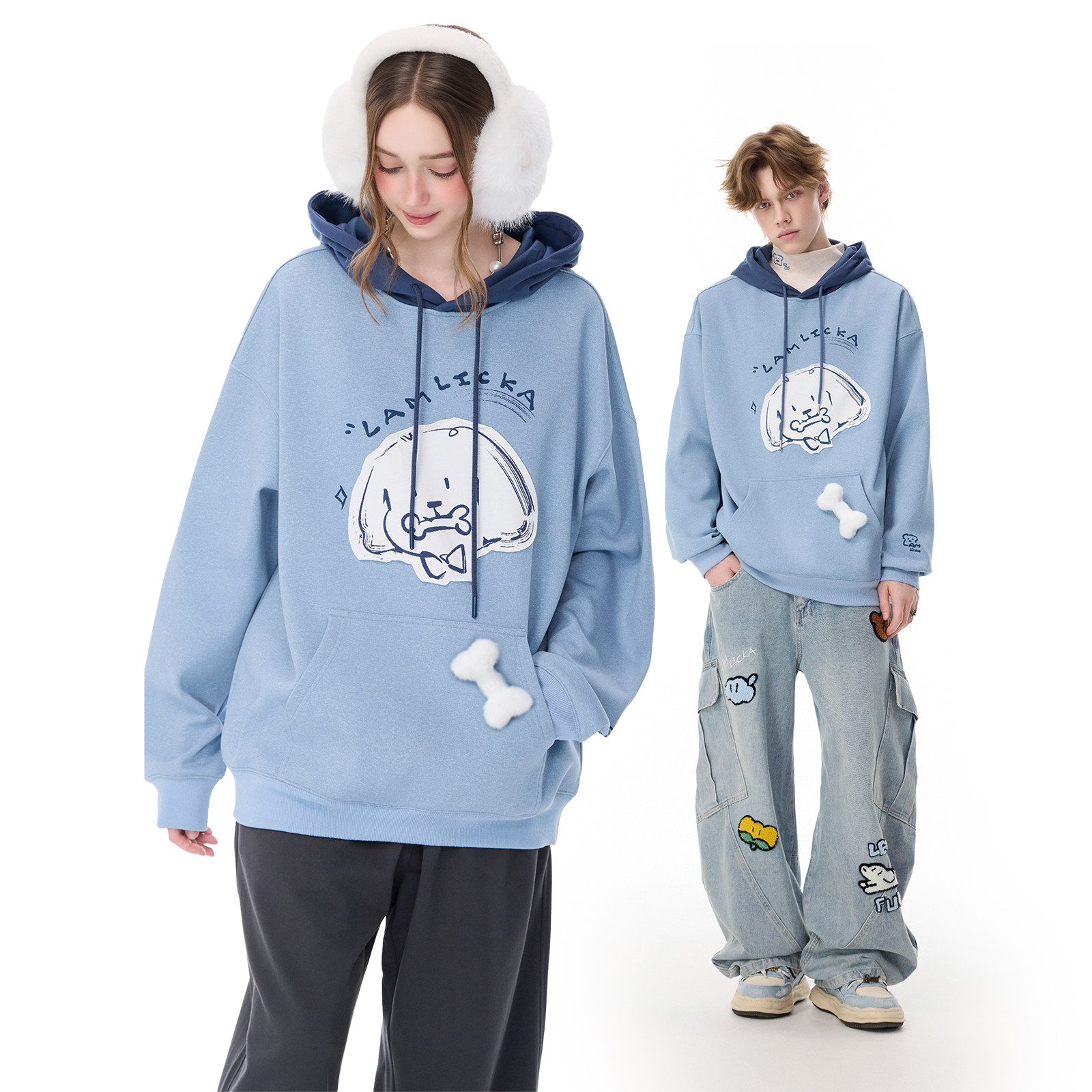 LAMLICKA贴布小狗印花蓝色卫衣连帽重磅oversize长袖帽衫外套宽松