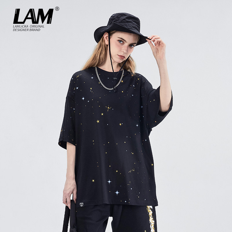 LAMLICKA星空熊猫印花圆领五分袖T恤女潮牌嘻哈运动休闲黑色上衣