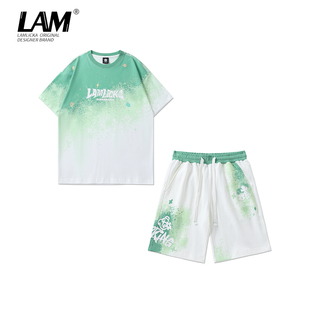 男女2024款 套装 oversize休闲两件套 短裤 LAMLICKA绿色渐变扎染短袖