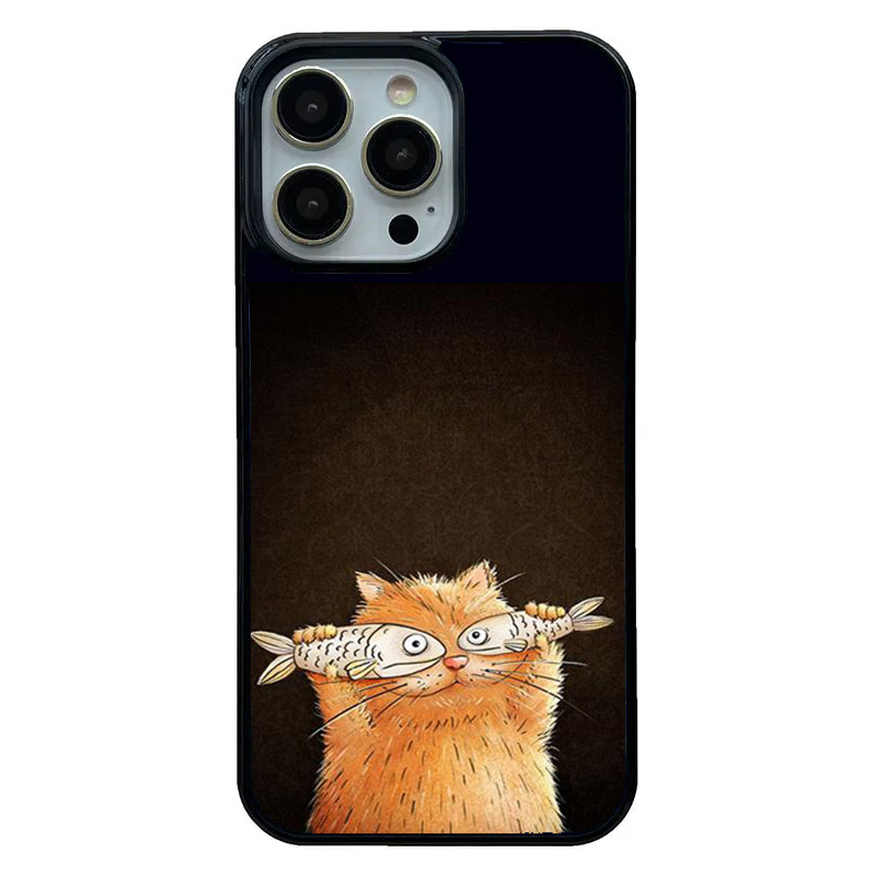 可爱卡通猫咪拿鱼遮眼睛适用于iphone16promax手机壳萌系女生苹果11