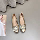 方头水钻粗跟单鞋 女奶奶鞋 2025年新款 法式 气质软皮低跟中跟妈妈鞋