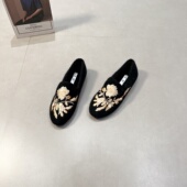 复古风刺绣花毛呢子软底豆豆鞋 一脚蹬加绒毛毛鞋 女2025新款 秋冬季