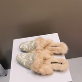 国风包头新款 秋冬季 一脚蹬刺绣外穿免毛毛半拖鞋 新中式 平底穆勒鞋