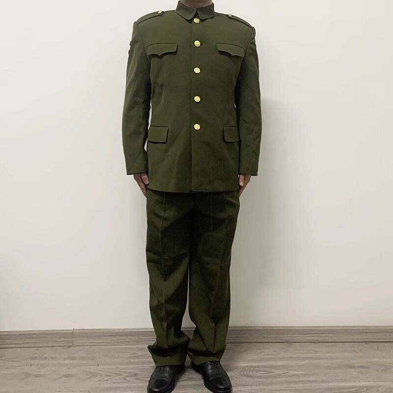 绿色马裤呢套装男士冬中老年防寒保暖加厚正装西服中山装绿色套装