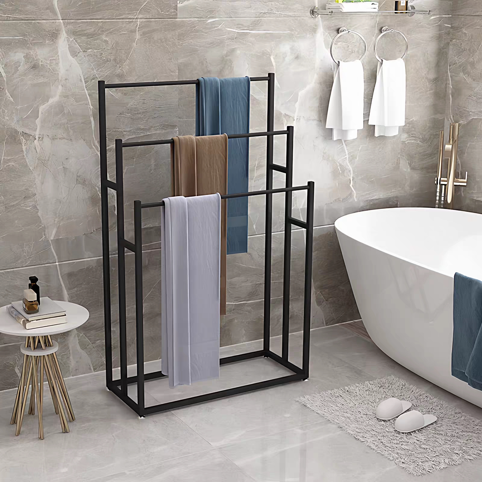 毛巾架免打孔落地立式浴巾架轻奢金属浴室收纳置物架卧室阳台挂杆