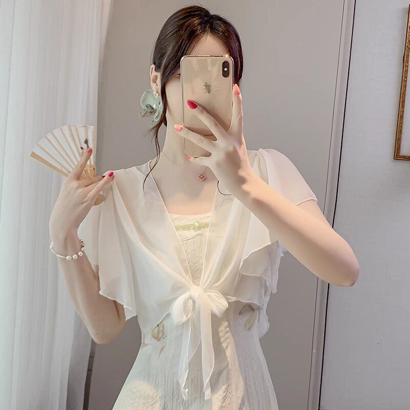 泡泡袖雪纺防晒开衫女夏季短袖轻薄开衫小披肩配吊带裙短外搭罩衫
