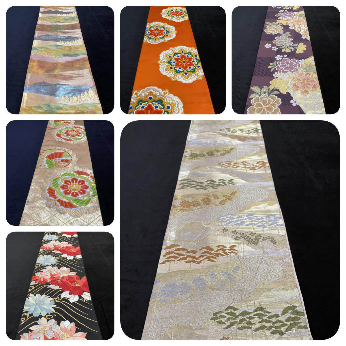 vintage正绢西阵织日式和服六通袋带手工腰带金线装饰茶席桌旗