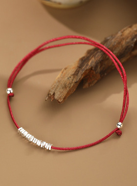 阿宝S999足银简约碎银子手链女新中式本命年百搭红色编织手绳