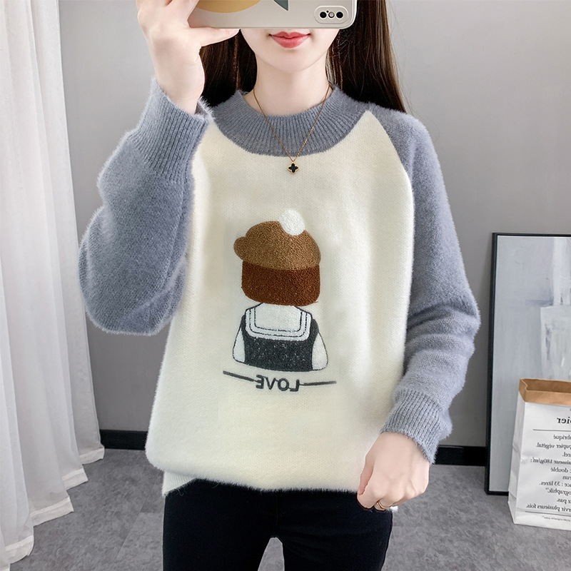 13女大童15初16高中生少女圆领套头毛衣秋冬新款加绒加厚打底上衣