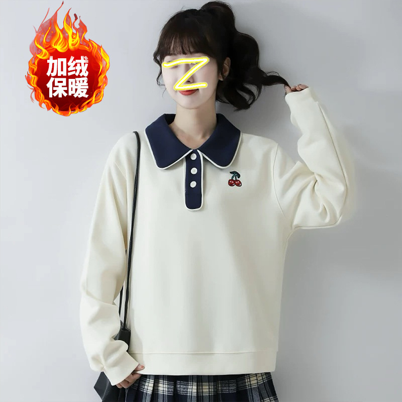 13岁少女孩拼接polo领12岁女大童15初中学生冬季宽松百搭加绒卫衣