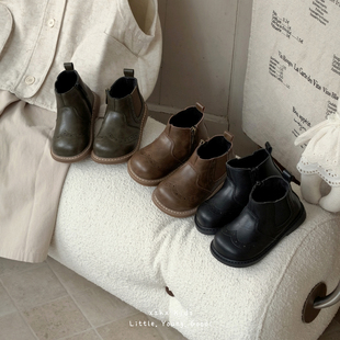 儿童英伦风软底时装短靴新款秋冬女童加绒二棉切尔西靴男童马丁靴