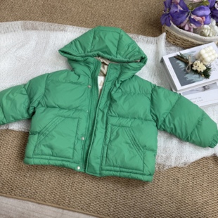 绿色连帽短款羽绒服男女童加厚保暖蓬松面包服羽绒服外套