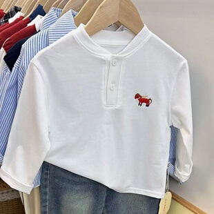 棉T恤 男宝小马卡通刺绣Polo休闲百搭V领长袖 新款