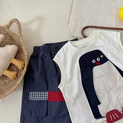 T6-儿童立体卡通套装夏季新款男女童纯棉背心口袋短裤两件套薄款