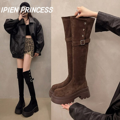 两穿翻折粗跟过膝女士骑士靴2025秋季新款英伦风厚底增高长筒靴