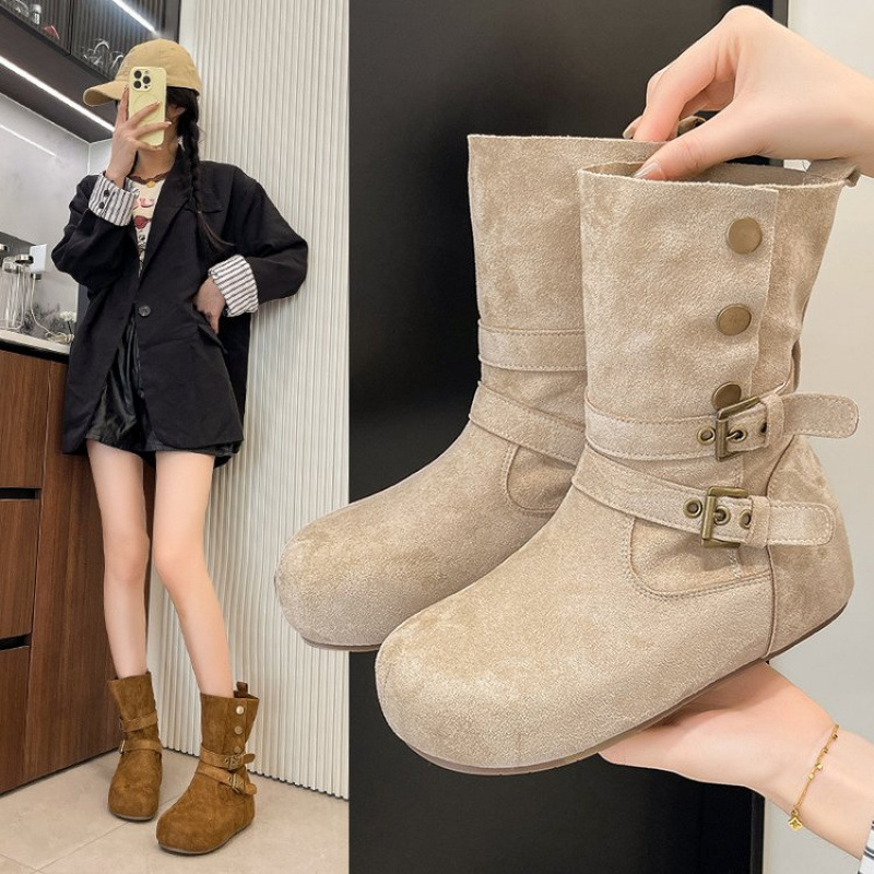 时装靴中筒靴套筒厚底短靴西部牛仔2025秋冬新款女搭扣皮带马丁靴