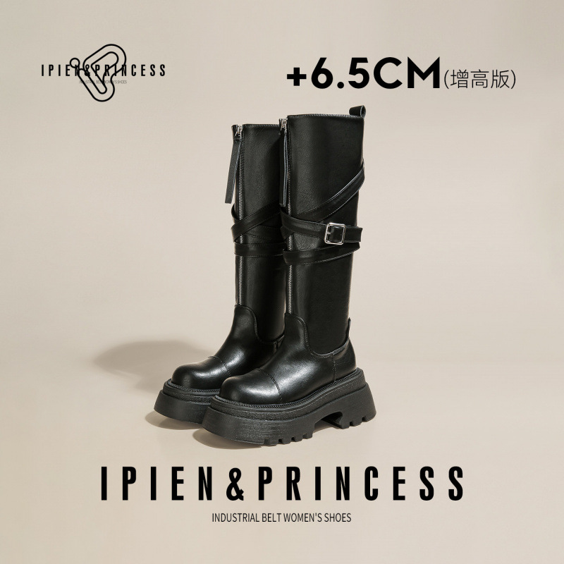 英伦风复古高筒骑士靴女2025冬季新款厚底皮带扣机车靴时尚长筒靴