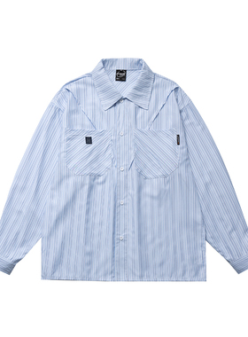 NOTBRANDLAB 2025春装宽松拼接捏褶蓝白条纹长袖衬衫痞帅上衣